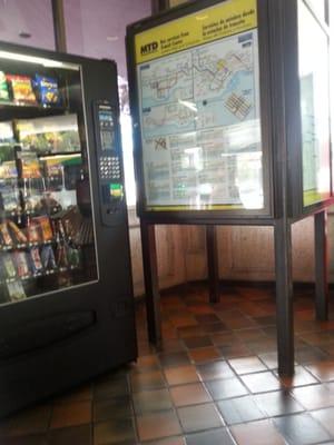 Soda and snack machines here. Also a great map showing you what roads the different busses take