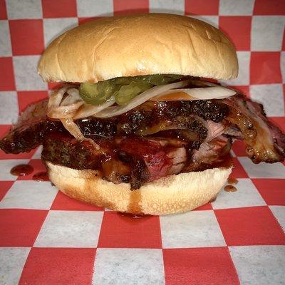 Sliced brisket sandwich