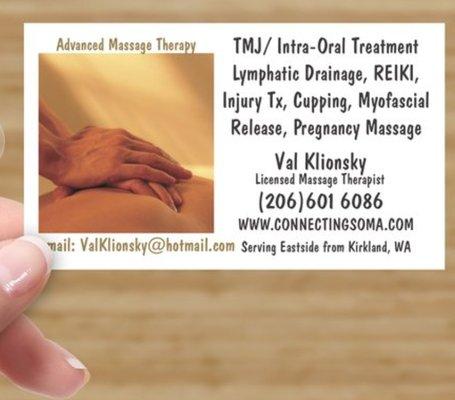 Business card with modalities of TMJ massage with Intra-oral technique, Lymphatic Drainage, REIKI, Myofascial Release, Pregnancy and Cupping