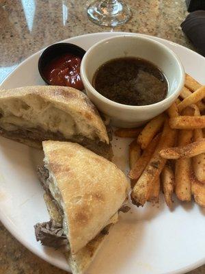 Prime rib sandwich and fries