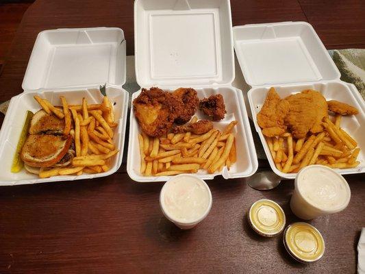 Patty melt with fries, chicken basket with fries and slaw, chicken tenders with fries and slaw.  Menu front and back.