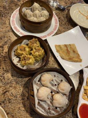 Mini juicy pork buns, pork siu mai, shrimp dumpling (Hargow) and the last piece of scallion pancake