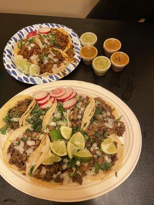 Tacos carne asada (bottom) and al pastor (top). Takeout order