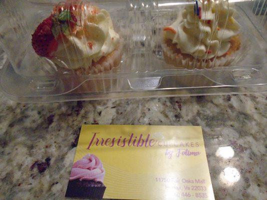 left---Strawberry short cake cupcake; right --- vanilla cupcake; bottom---business card