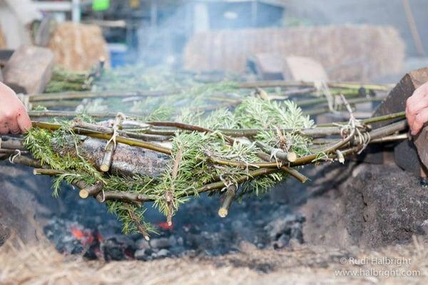 Whole fish roasted in fresh willow baskets seared with fresh rosemary. With lemon, garlic, olive oil and salt. Shabbat shalom!