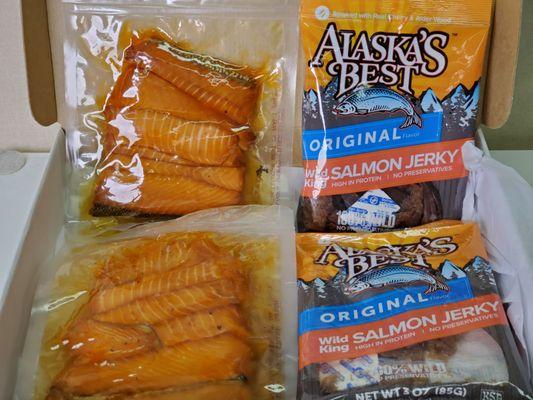 Salmon jerky, smoked salmon pouches