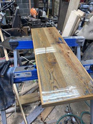 Reclaimed barn lumber coffee table made with oak and epoxy