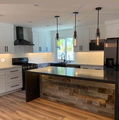 Our latest construction project - Reclaimed Wood - beautiful kitchen island design and a modern look!