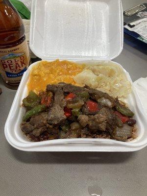 Jamaican Pepper Steak Rice & Peas Cabbage Mac & Cheese