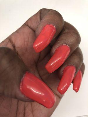 HIGHLY disappointed!!!!!! My nails look as if my 4 y/o niece did them in the dark using only one hand! Never again will I go back!