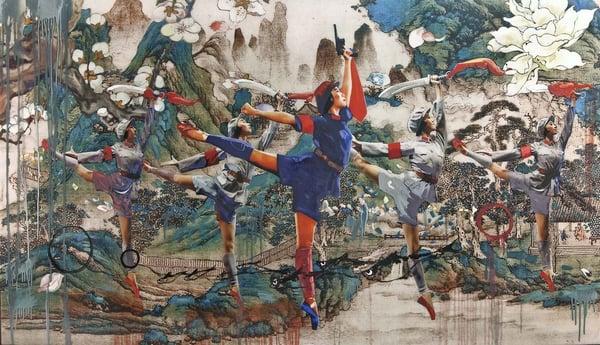 Hung Liu    "Forward, Forward II"    mixed media on panel    41 x 72.5"    2012