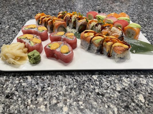 Valentine roll on the far left. Volcano and Hawaiian roll in the middle. And soy paper rainbow roll on the far right