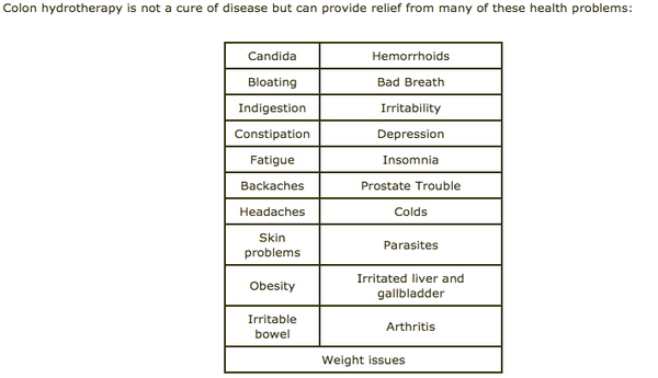 Colon hydrotherapy is not a cure of disease but can provide relief from many of these health problem