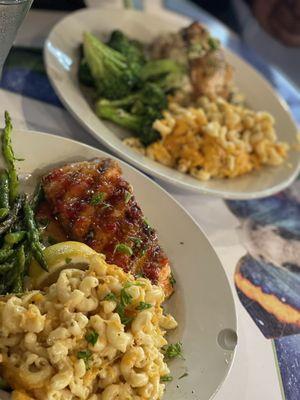 Thai salmon w/ asparagus and mac & cheese.