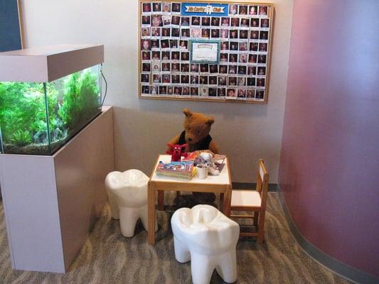 Kid's play area with coloring books and our "No-Cavity Club" photo board