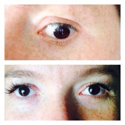 It's a creepy photo, but here's the before and after. Individual synthetic lashes.