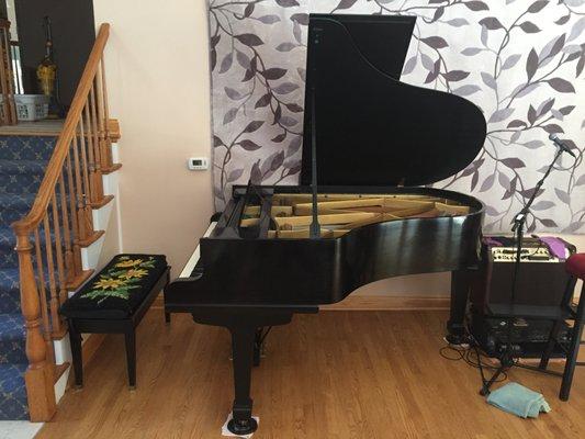 Baby grand piano in a recital room with tall ceiling and hardwood floor