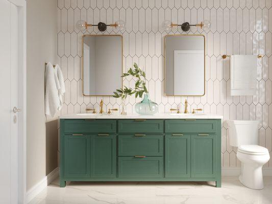 Modern bathroom remodel. Emerald green vanity, gold fixtures, hexagon wall tile. A captivating contemporary oasis.