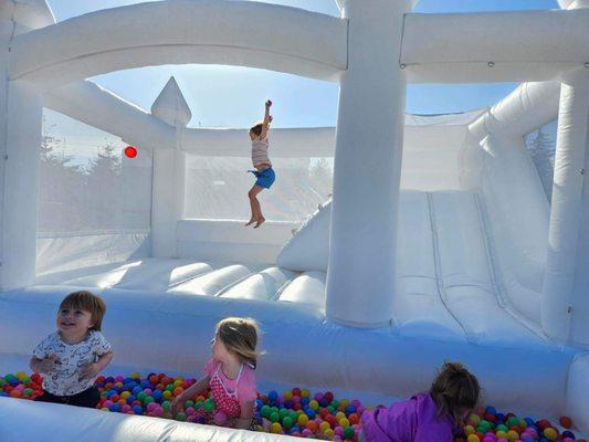 Great White Investable bounce house rental with slide and ball pit.