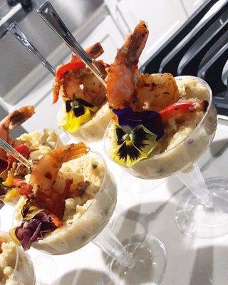 Party appetizers of Shrimp & Cheddar Grits!