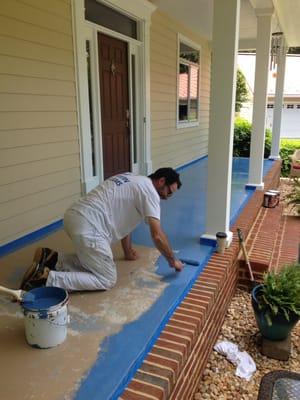 We've power washed floor because the paint was peeling ,then scraped and then sanded. Now we're painting with Epoxy paint.