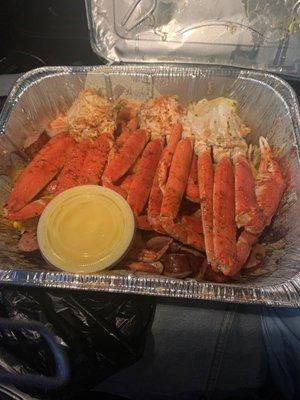 Seafood platter! $50 well worth it.. crab legs, shrimp, sausage, corn, potatoes, and the Cajun butter sauce was good..