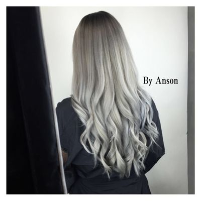 Warm Platinum Grey balayage and blowout done by Anson