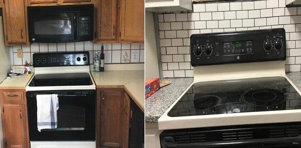 before n after original cabinets, countertop and backsplash..right renovated/refinished look!