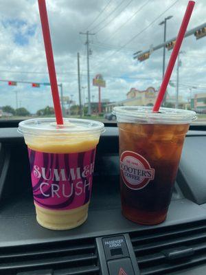 Mango peach smoothie and cold brew