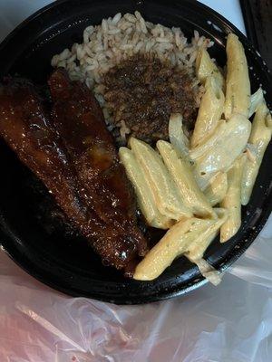 Ribs, pasta, and Rice & Peas.