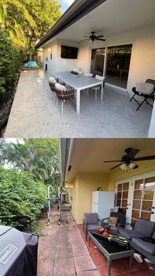 Before after, removed pavers. Added concrete and terrazzo tile. Painted house