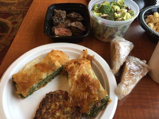 Spanakopita, chick pea pattie, beef tips