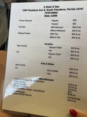 Manicure menu