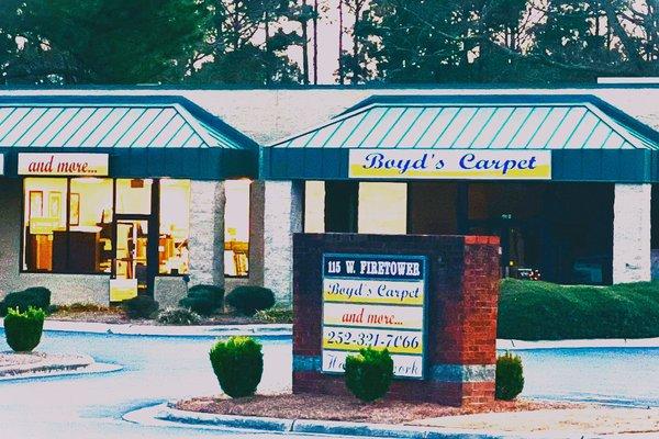 Boyd's Carpet and More- Storefront
 115 W Fire Tower Road Winterville NC
 before lowes hardware
 Boyds Flooring
 DIY Flooring