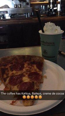 The Canyon Coffee and slice of pepperoni pizza