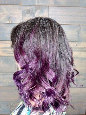 Side view of purple Ombre. Prebleaching is required for this vibrance. Hair by Jess Soper