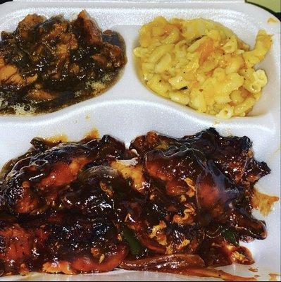 Sticky BBQ wings, sweet candied yams, baked macaroni and cheese