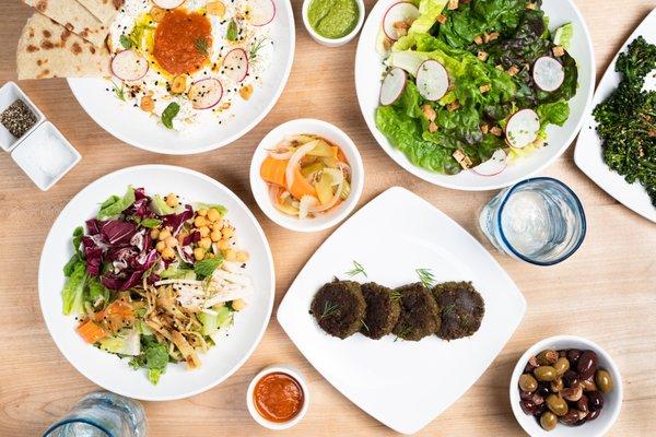 Labneh, Chopped Salad, Adda Veggie Cakes and Simple Salad