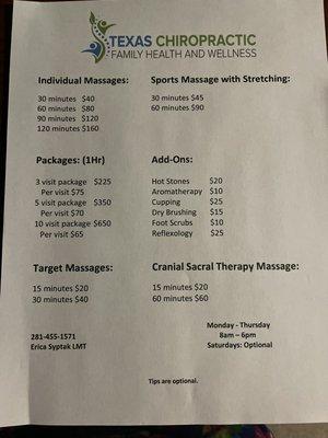 My prices for massage.