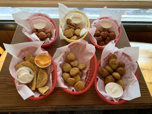 Mushrooms, Mini taco's, deep fried pickles and Broccoli Cheddar bites