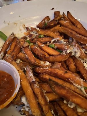 Sweet potato cheese fries with blue cheese and bacon