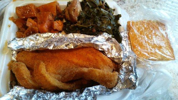 Fried whiting fish, collard greens, candied sweet potatoes and corn bread.