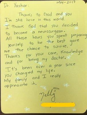 The most gratifying and also humbling part of my profession is the opportunity I'm given to treat patients and receive letters like this.