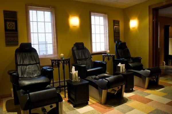 The salon also has 5 leather  pedicure chairs featuring water jets, massage and heat in the chairs, and full tilt/recline.