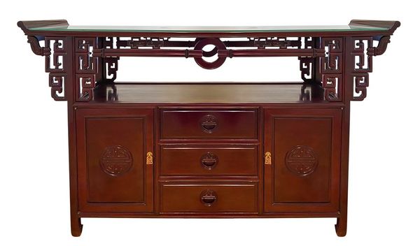 Chinoiserie Carved Rosewood Two-Tiered Buffet Bar Server Sideboard