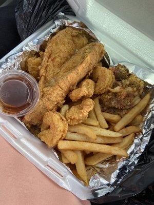 Fried lobster tail and shrimp w/seafood rice and fries