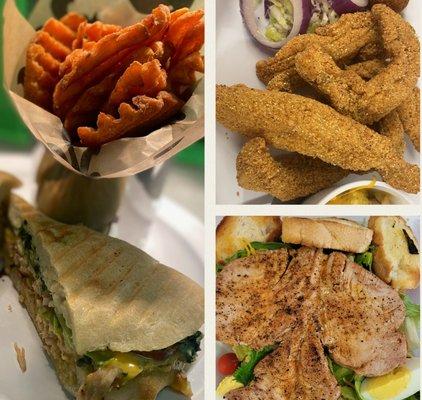 Turkey Panini with sweet potato waffle fries
Regular Fried Catfish Platter
Grilled Tuna Steak Salad