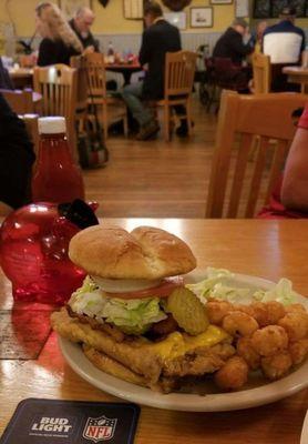 Chicken fried steak sandwich with tots and nice people!