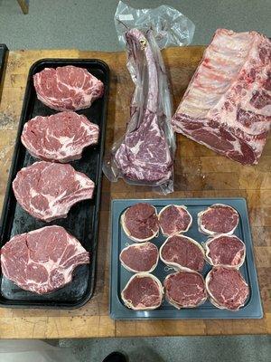 Bacon wrapped fillet mignon, tomahawk steaks, cowboy cut and bone in ribeyes!