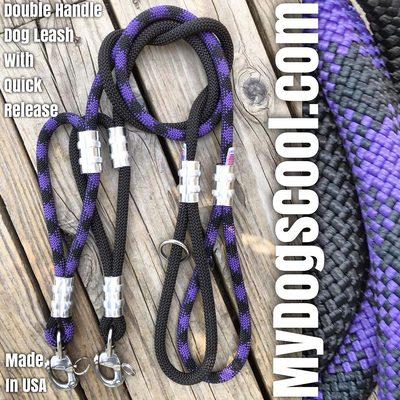 Black Raven & Purple Storm Double Handle Dog Leash with Quick Release. Made in USA